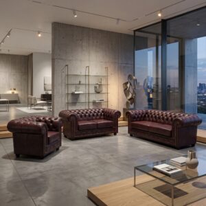 Chesterfield Couchgarnitur Dunkelrot 3-2-1 Leder