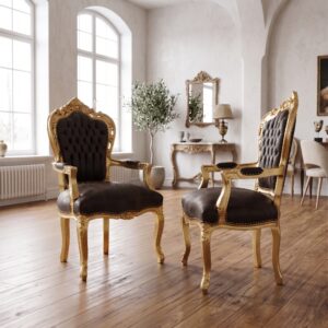Set Barockstühle Barockstuhl Lederoptik Gold-Braun