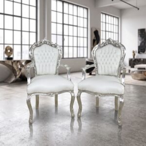 Set Barockstühle Barockstuhl PU-Leder Weiß-Silber