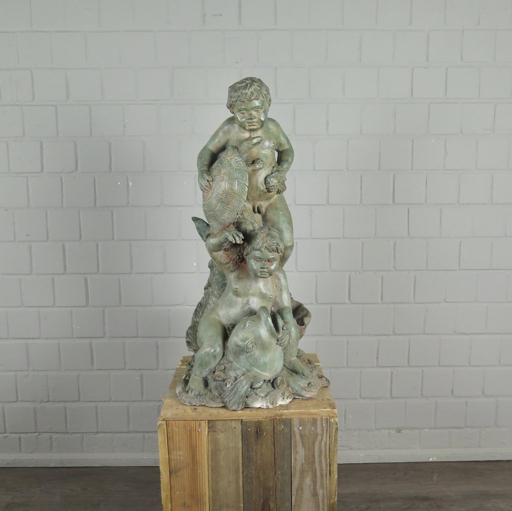 Wasserspeier Wasserspiel Putten mit Fisch & Schildkröte Bronze 0,82 m – Bild 3