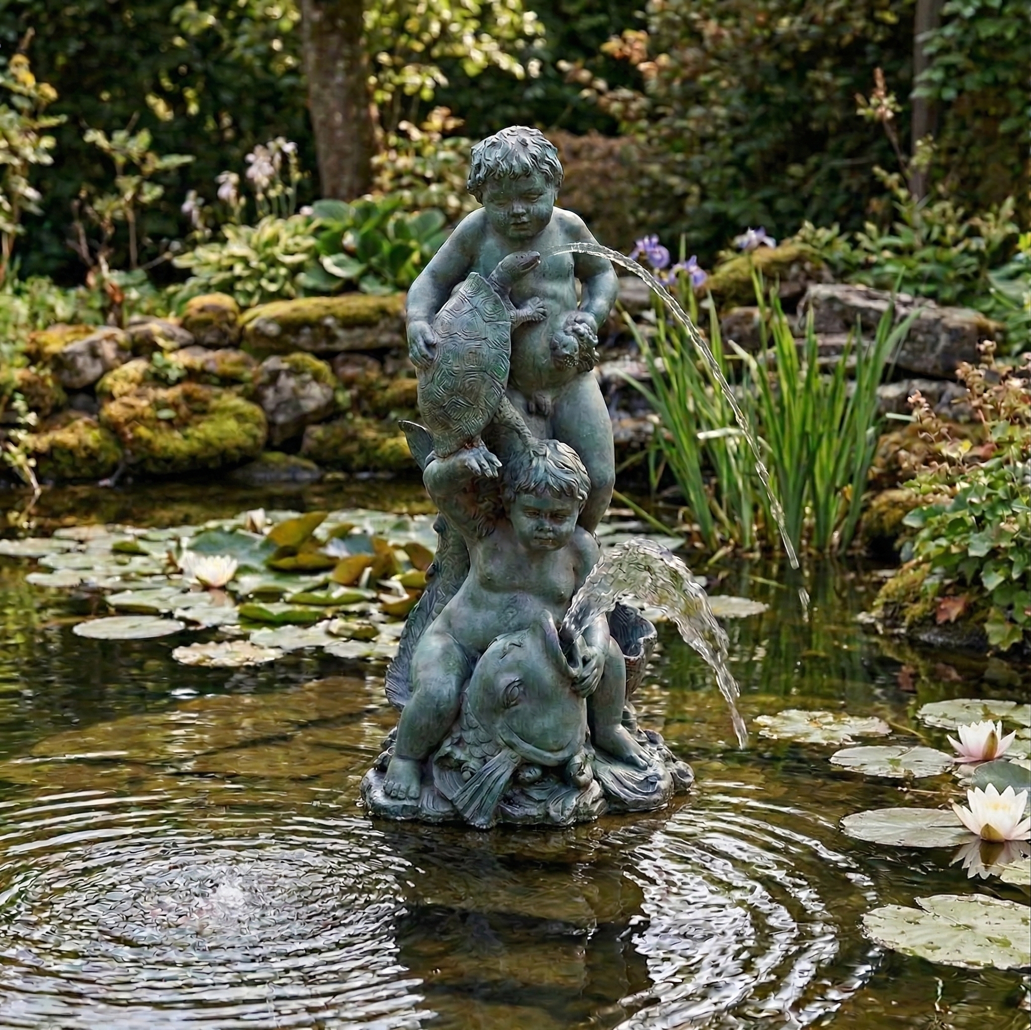 Wasserspeier Wasserspiel Putten mit Fisch & Schildkröte Bronze 0,82 m – Bild 2