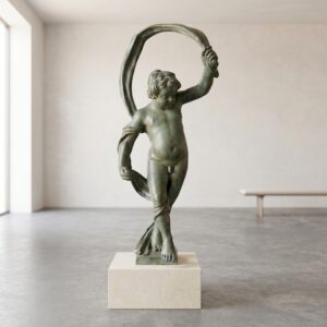 Skulptur Dekoration Putte mit Tuch Bronze 0,95 m