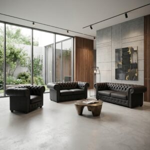 Chesterfield Couchgarnitur Schwarz 3-2-1 Leder