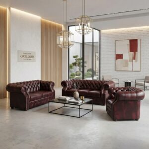 Chesterfield Couchgarnitur Rot-Braun 3-2-1 Leder