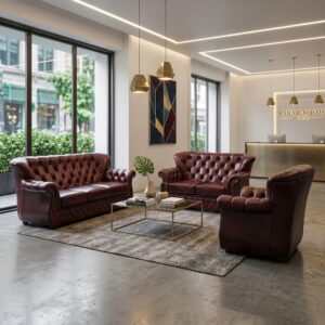 Chesterfield Couchgarnitur Bordeauxrot 3-2-1 Leder