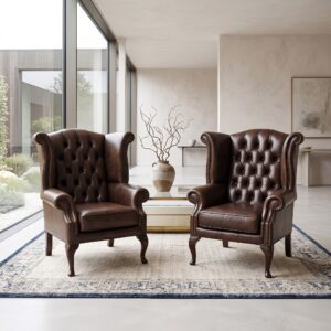 Chesterfield Sessel Set Leder Dunkelbraun