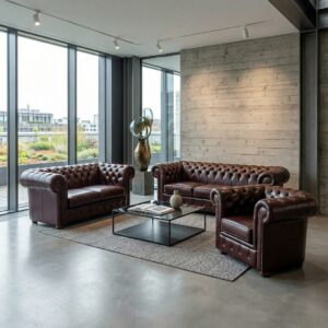 Chesterfield Couchgarnitur Rot-Braun 3-2-1 Leder