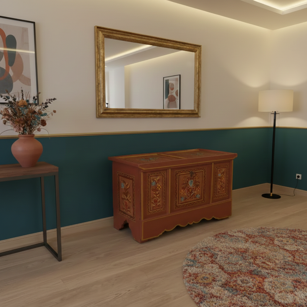 Truhe Bauernmalerei Barock 1790 Kiefer – Bild 2