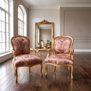Barockstuhl Stuhl Barockstil Blumen Gold-Rosa Set
