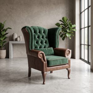 Chesterfield Sessel Leder Samt Dunkelgrün Braun