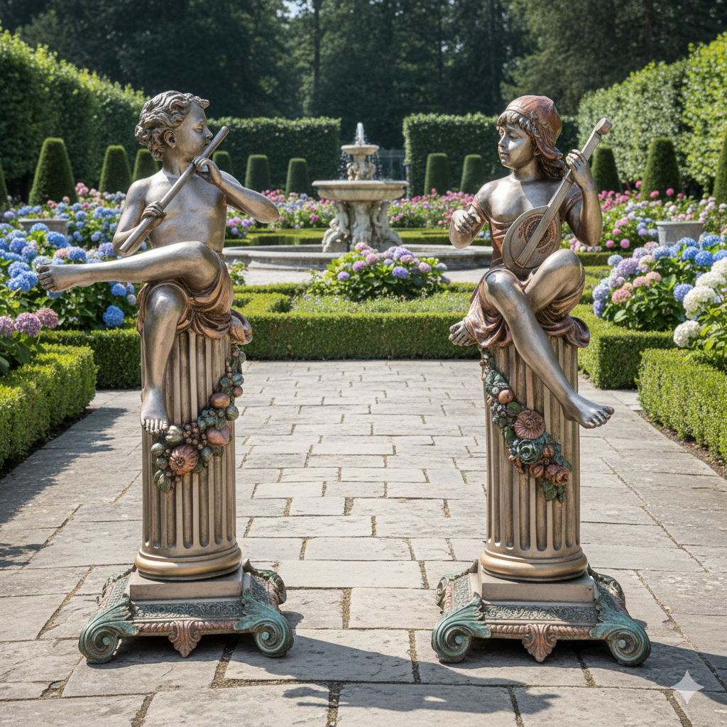 Skulptur Dekoration Kinder Flöte Mandoline Bronze 1,54 m Set – Bild 2