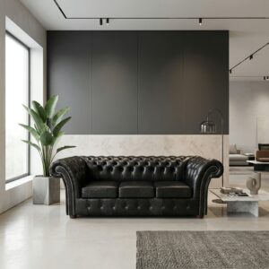 Chesterfield Sofa Couch Leder Schwarz 2,20 m