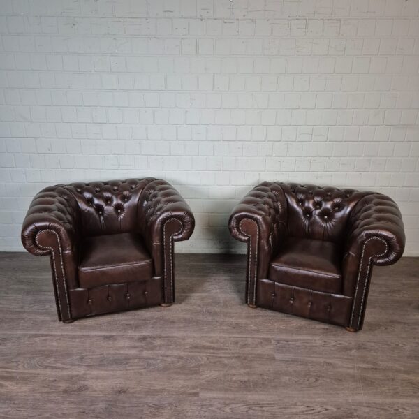 Chesterfield Sessel Leder Braun Set – Bild 3