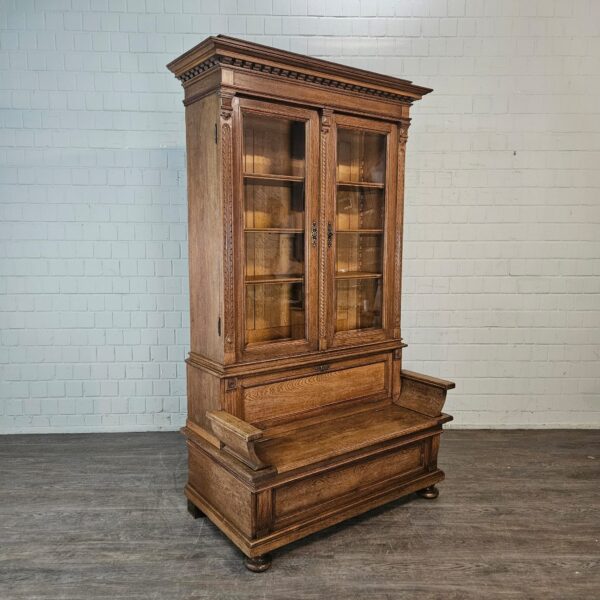 Vitrine mit Truhenbank Schrank Gründerzeit 1880 Eiche