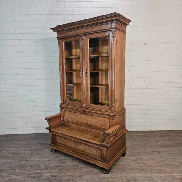 Vitrine mit Truhenbank Schrank Gründerzeit 1880 Eiche – Bild 3