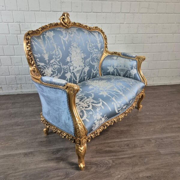Sofa Barockstil Satin Blau-Gold 1,15 m