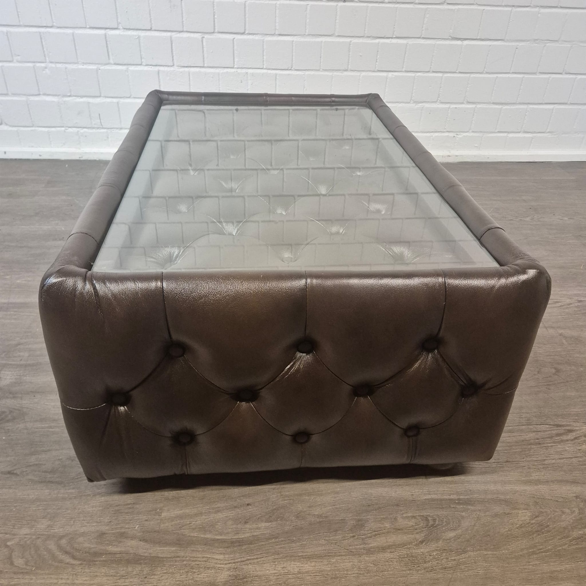 Chesterfield Couchtisch Leder Glas Dunkelbraun 1,20 m x 0,78 m – Bild 8