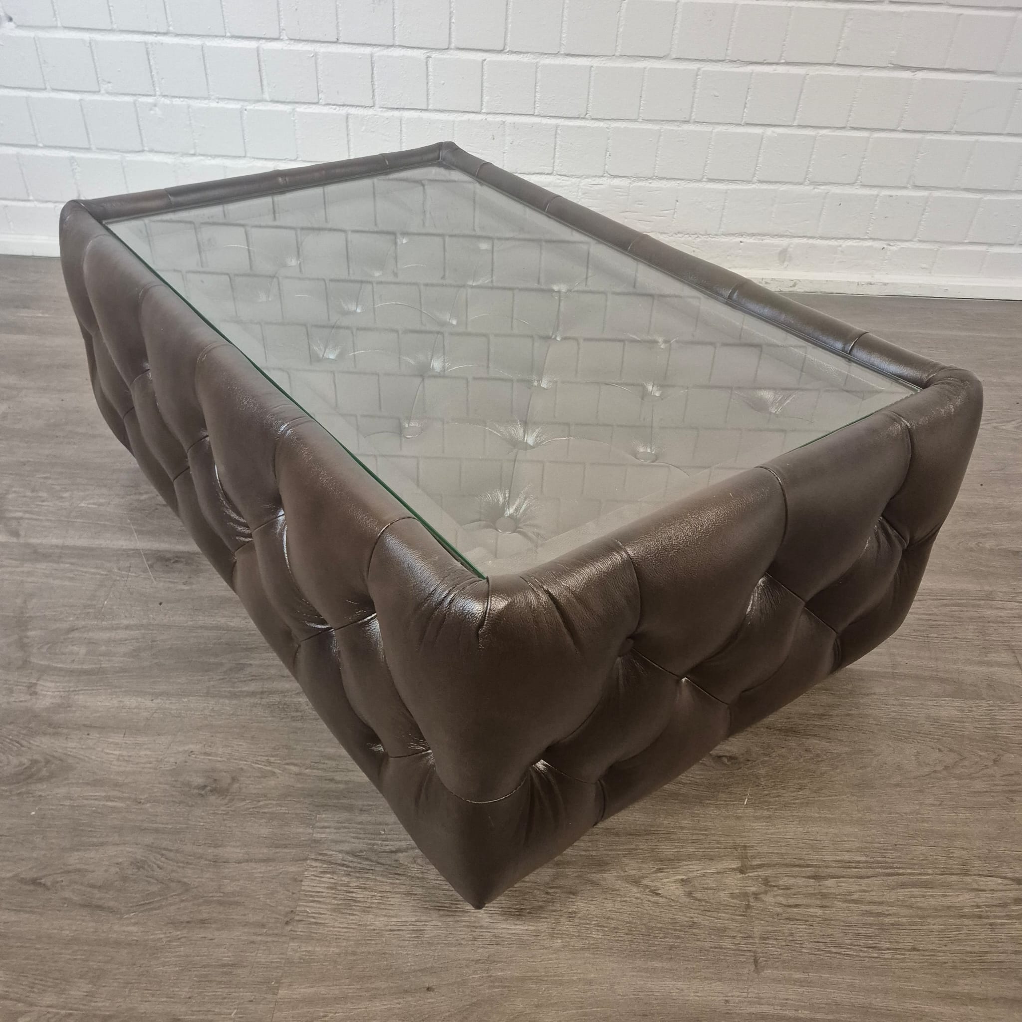 Chesterfield Couchtisch Leder Glas Dunkelbraun 1,20 m x 0,78 m – Bild 7
