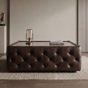 Chesterfield Couchtisch Leder Glas Dunkelbraun 1,20 m x 0,78 m