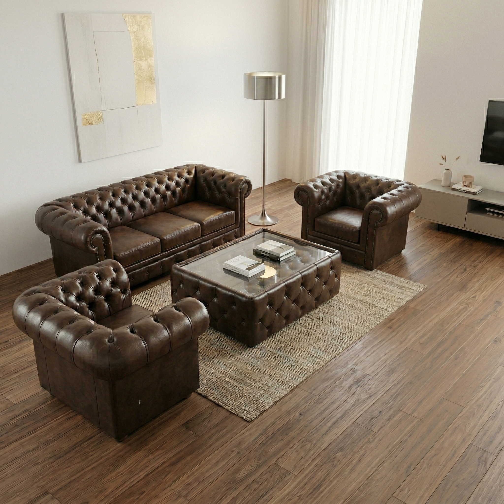 Chesterfield Couchtisch Leder Glas Dunkelbraun 1,20 m x 0,78 m – Bild 2