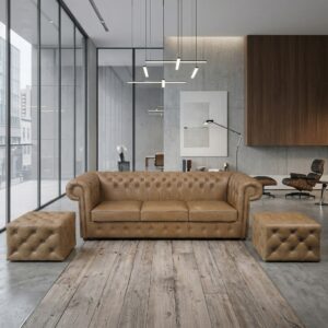 Chesterfield Couchgarnitur Leder Cognacbraun 3-Sitzer + 2 Hocker