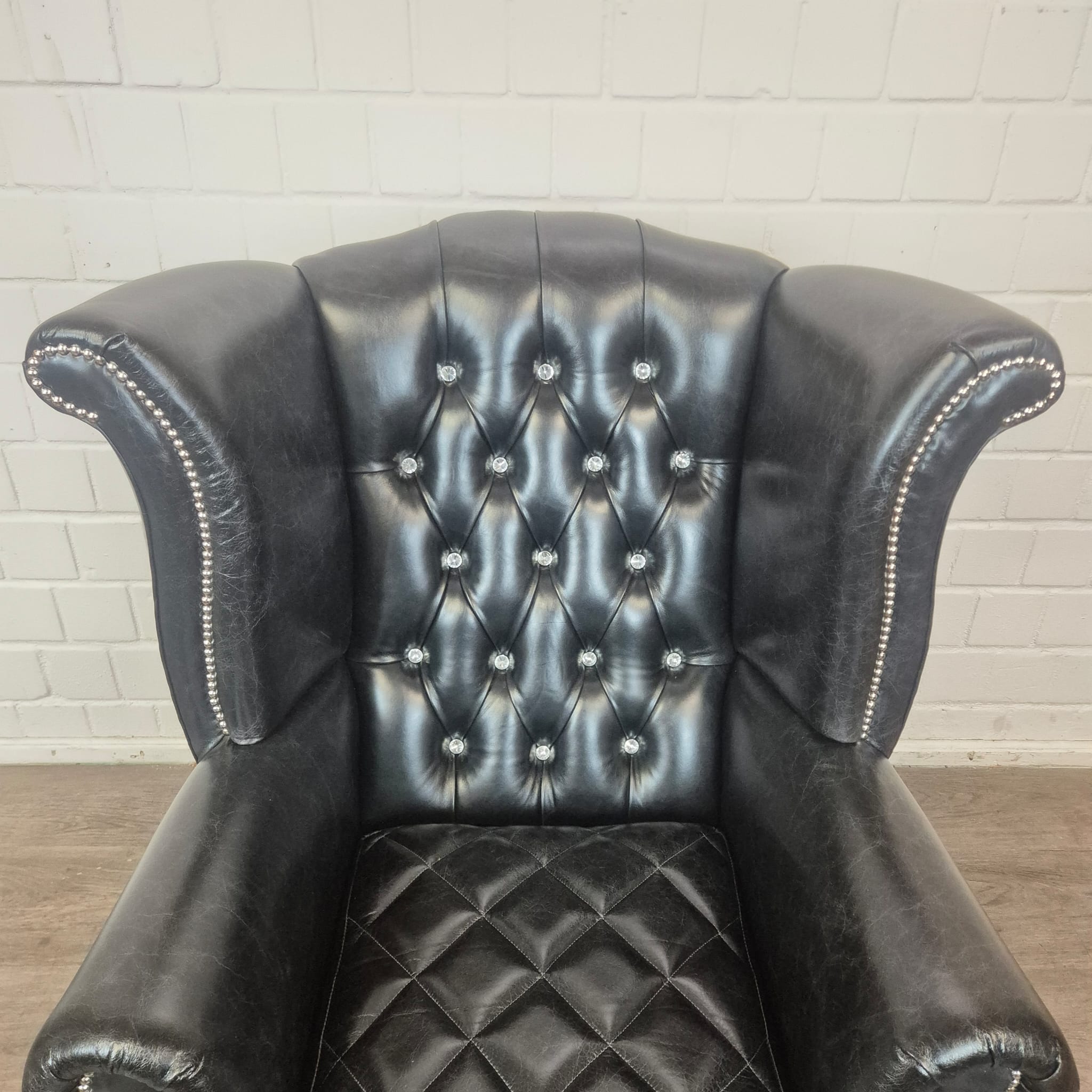 Chesterfield Ohrenbackensessel Sessel Leder Schwarz – Bild 11