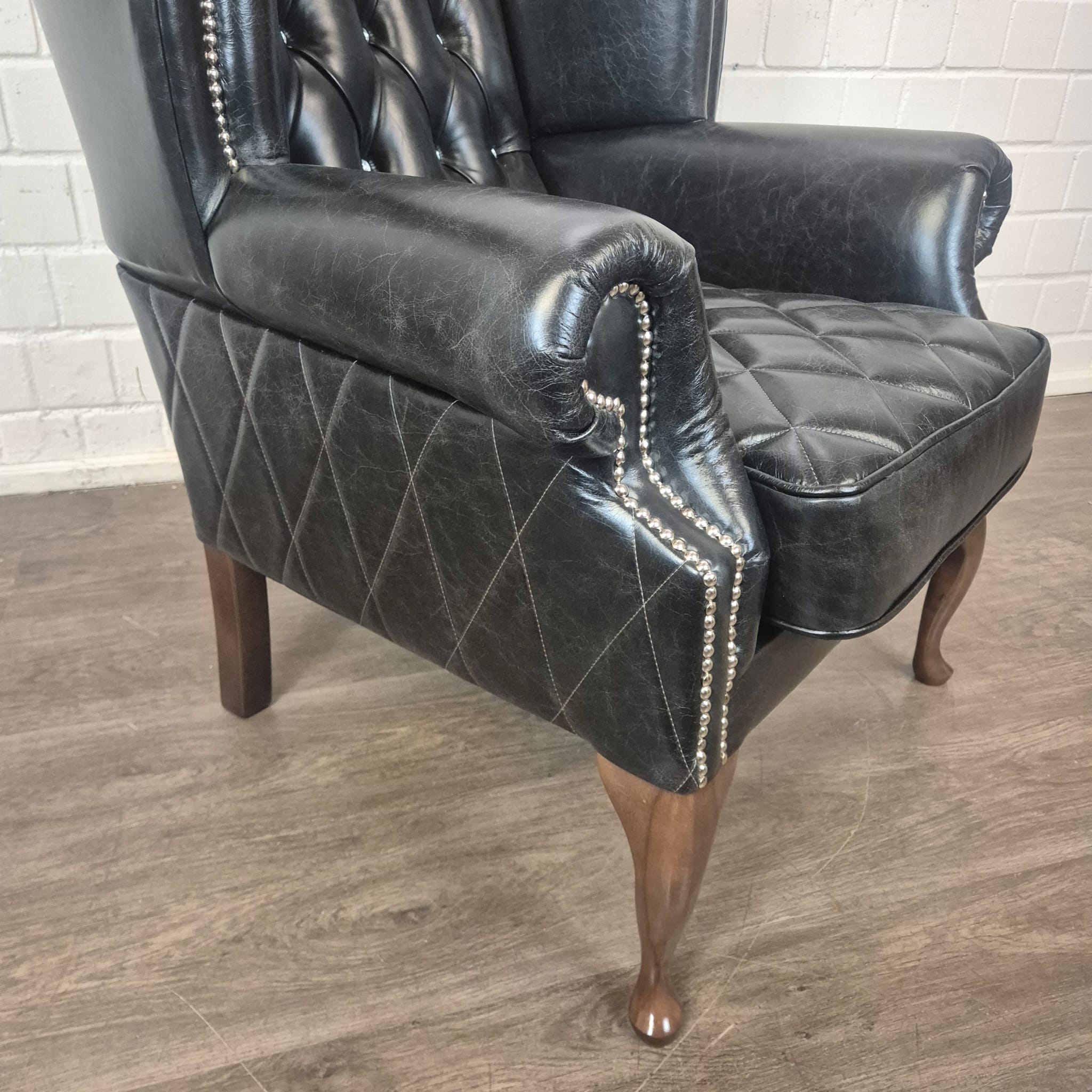 Chesterfield Ohrenbackensessel Sessel Leder Schwarz – Bild 13