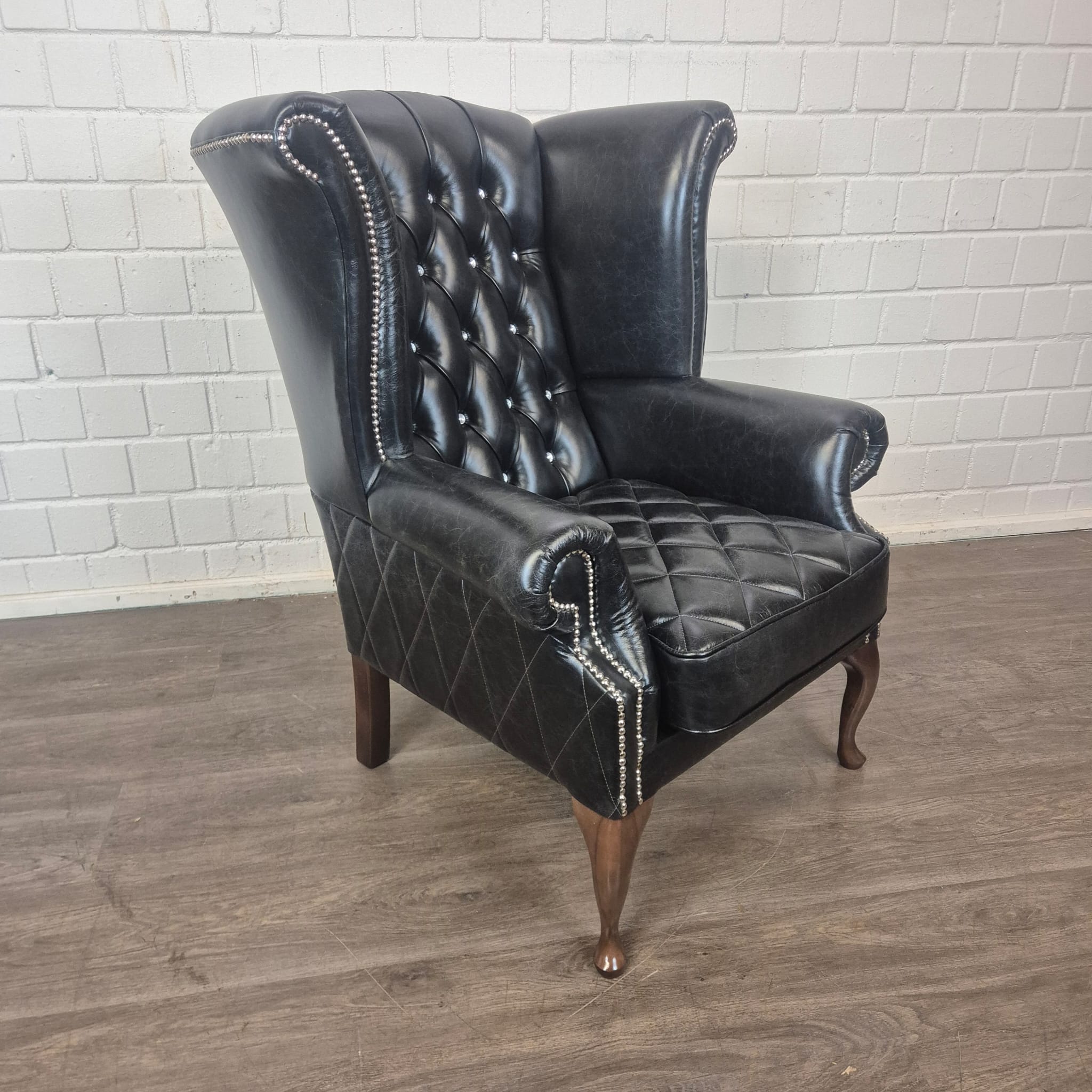 Chesterfield Ohrenbackensessel Sessel Leder Schwarz – Bild 4