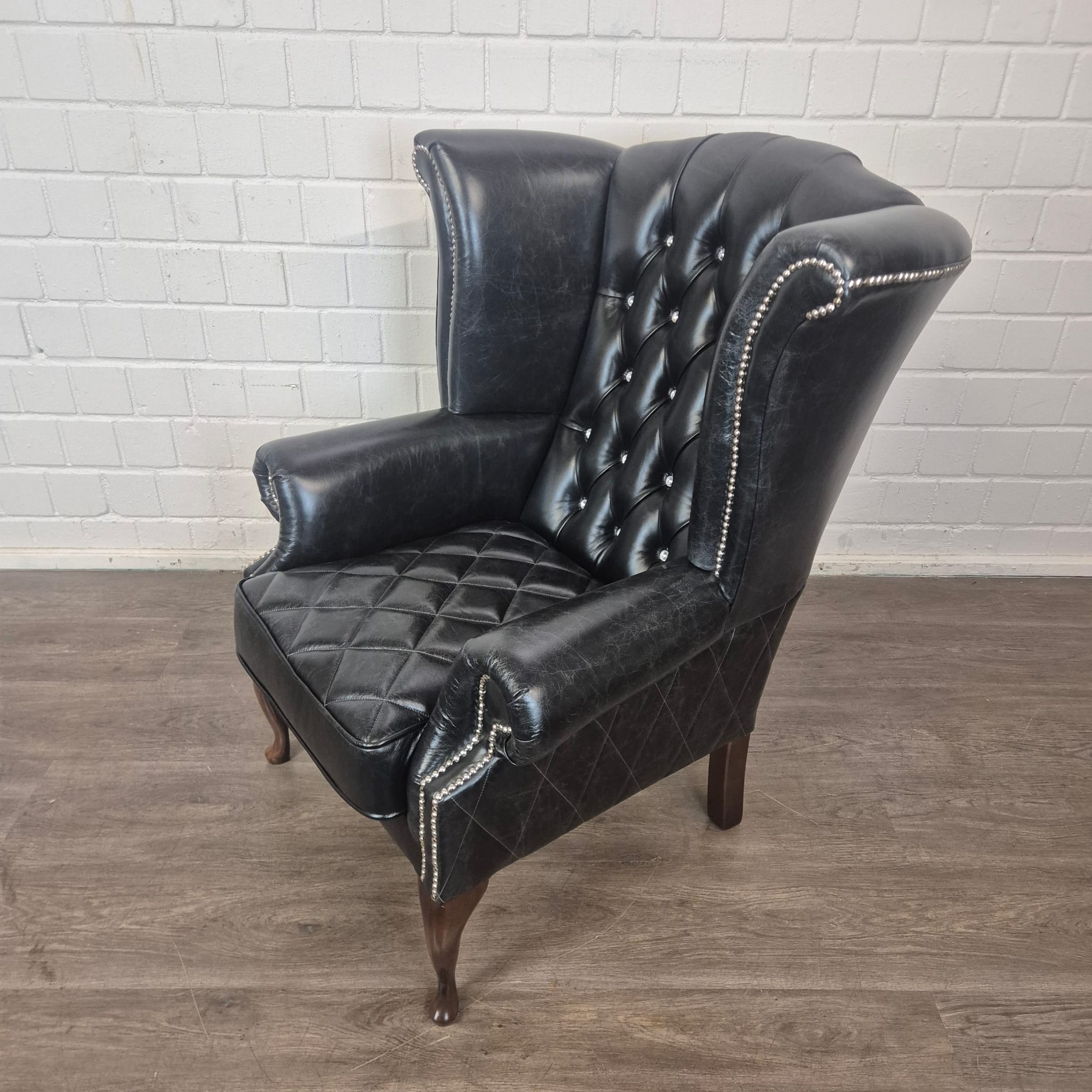 Chesterfield Ohrenbackensessel Sessel Leder Schwarz – Bild 7