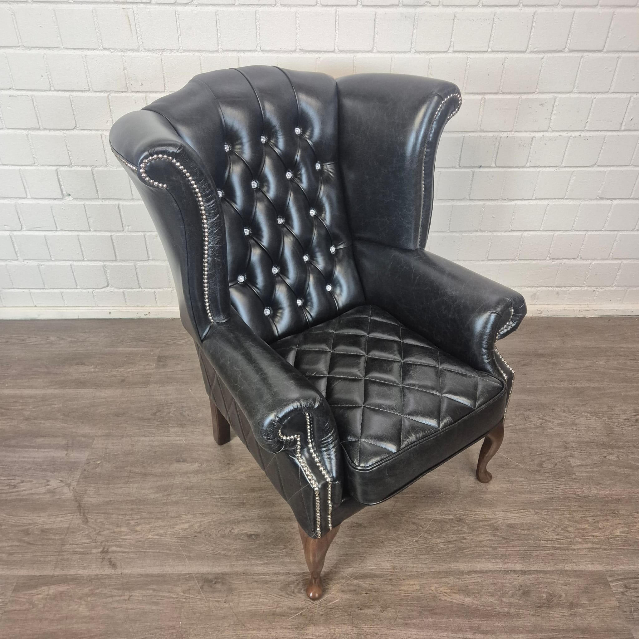Chesterfield Ohrenbackensessel Sessel Leder Schwarz – Bild 5