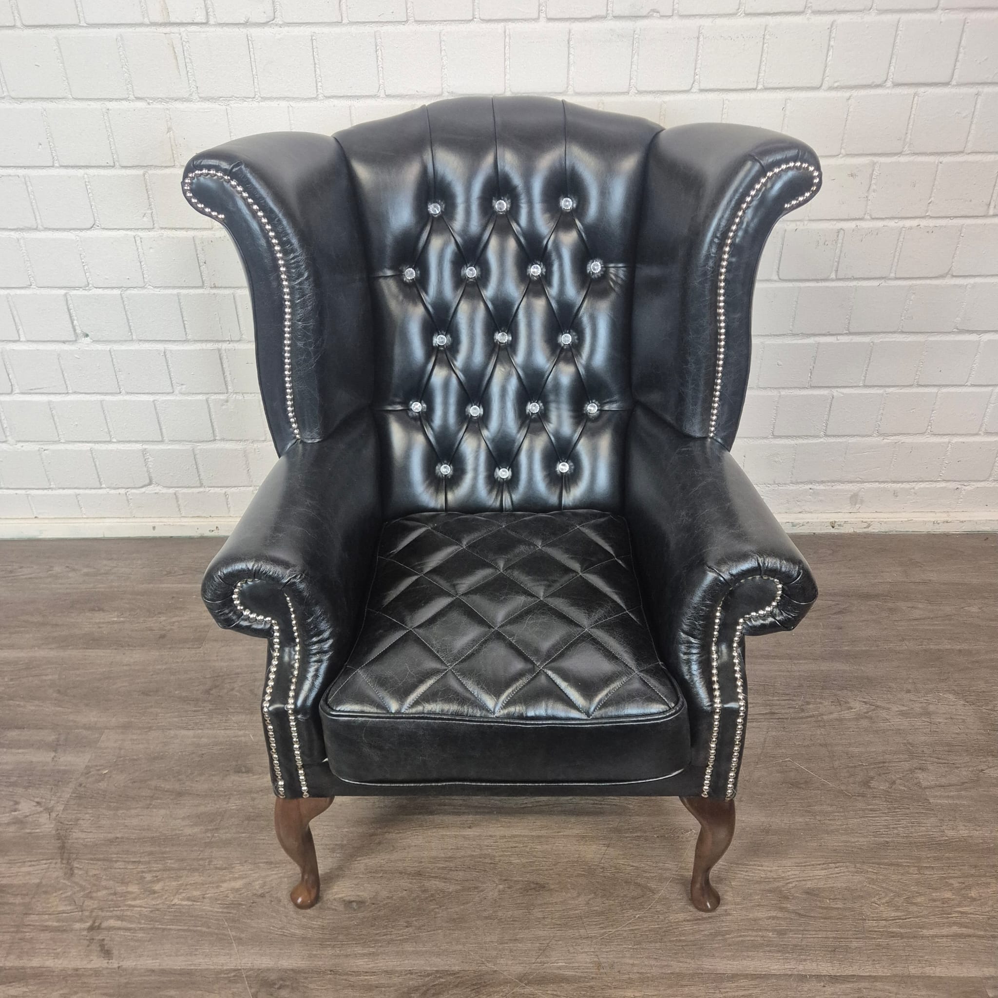 Chesterfield Ohrenbackensessel Sessel Leder Schwarz – Bild 6