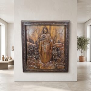 Reliefbild „Der gute Hirte“ Teakholz 1,30 m x 1,40 m