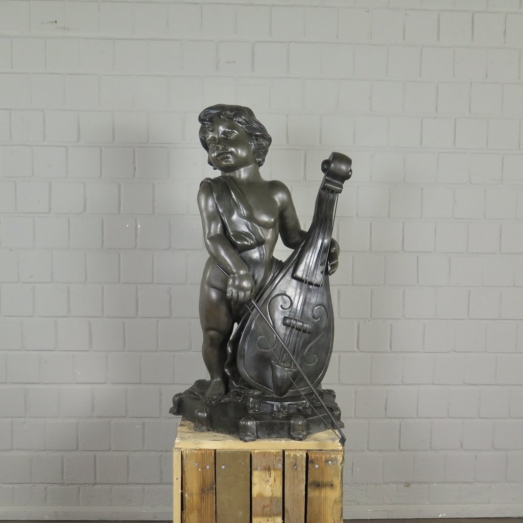 Skulptur Dekoration Putte mit Cello Bronze 0,87 m